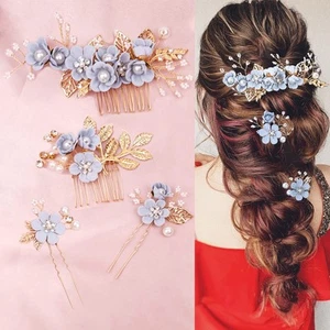 4 Pieces Blue Bridal Flower Wedding Hair Pins Crystal Pearl Hair Pins Clips H... - Picture 1 of 6