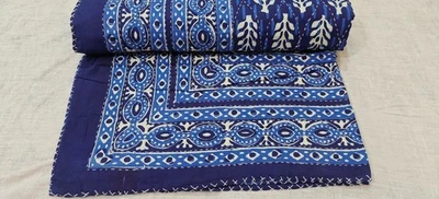 Indian Kantha Quilt Cotton Indigo Reversible Throw Blanket Boho Bedding Coverlet - Image 1 of 4