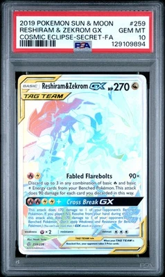 2019 POKEMON SUN & MOON COSMIC ECLIPSE #259 FULL ART/RESHIRAM & ZEKROM GX PSA 10 - Image 1 of 2