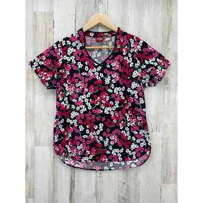 Dickies Medical Scrub Top Womens Small Black Pink Floral Cotton Pockets Tie Back - Image 1 of 4