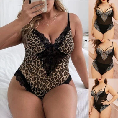 Plus Size Womens Sexy Bodysuit Leopard Lace Lingerie Babydoll Nightwear UK 12-28 - Image 1 of 4
