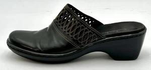 Clarks Slides Womens 6 M Shoes Leather Block Heel Clog Mule Black Stitch Detail - Picture 1 of 16