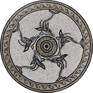 Delfine in rund mit Wellenrand Mosaik 30" Marmormosaik - Bild 1 von 1