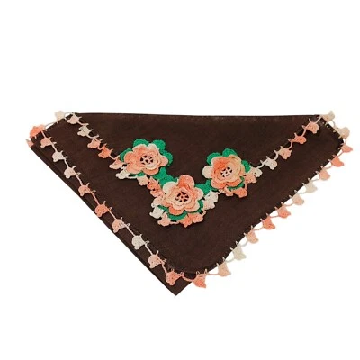 Vintage Handkerchief Brown Linen Crochet 3-D Pink Flowers and Trim 11 in Square - Image 1 of 4