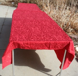 Floral Tablecloth Red Brocade Stitched Hem Rectangular 66" x 118" VTG - Picture 1 of 11