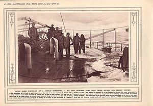 1915 WWI PRINT ~ SHIP HIT BY SUBMARINE REACHING PORT DECKS AWASH NEAR SINKING - Picture 1 of 1