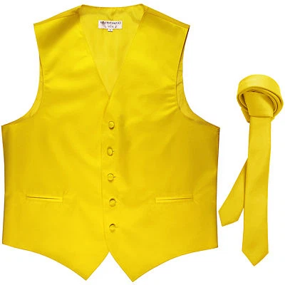 New Men's Formal Tuxedo Vest Waistcoat_1.5" skinny Necktie yellow prom wedding - Image 1 of 4