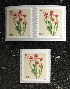 2024USA#5905 5c Red Tulips - Coil Single & Pair Mint NH flower - Picture 1 of 1
