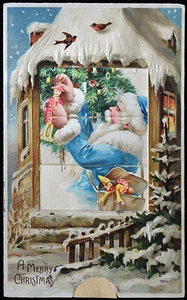 Christmas Mechanical "Shutter" Blue Suited Santa Claus Boy 1913 Postcard - Picture 1 of 3