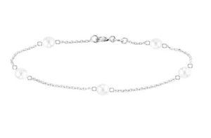 14K White Gold Station Anklet Bracelet With Freshwater Pearls 9.5 Inches - Picture 1 of 2