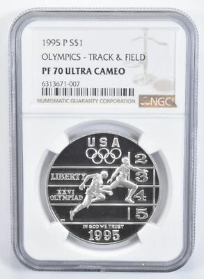 1995-P PF70 Olympics Track & Field Commemorative Silver Dollar NGC - Image 1 of 4