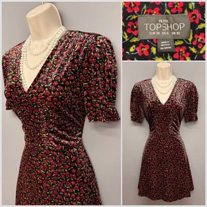 Vestido patinador clásico de terciopelo floral negro y rojo TOPSHOP Reino Unido 10 EUR 38 Petite - Imagen 1 de 10