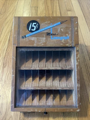 Antiguo RARO Marte Lumograph Lápiz Vitrina Caja de Arte Madera Vidrio Foto 1 de 4