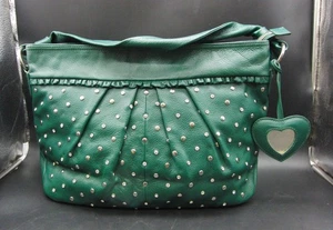 Samantha Thavasa Green Studded Pleated Leather Handbag + Heart Mirror Charm Bag - Picture 1 of 11