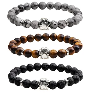 Bracciale da Uomo con Perline in Pietra Naturale e Inserto Zampa di Cane - Picture 1 of 7