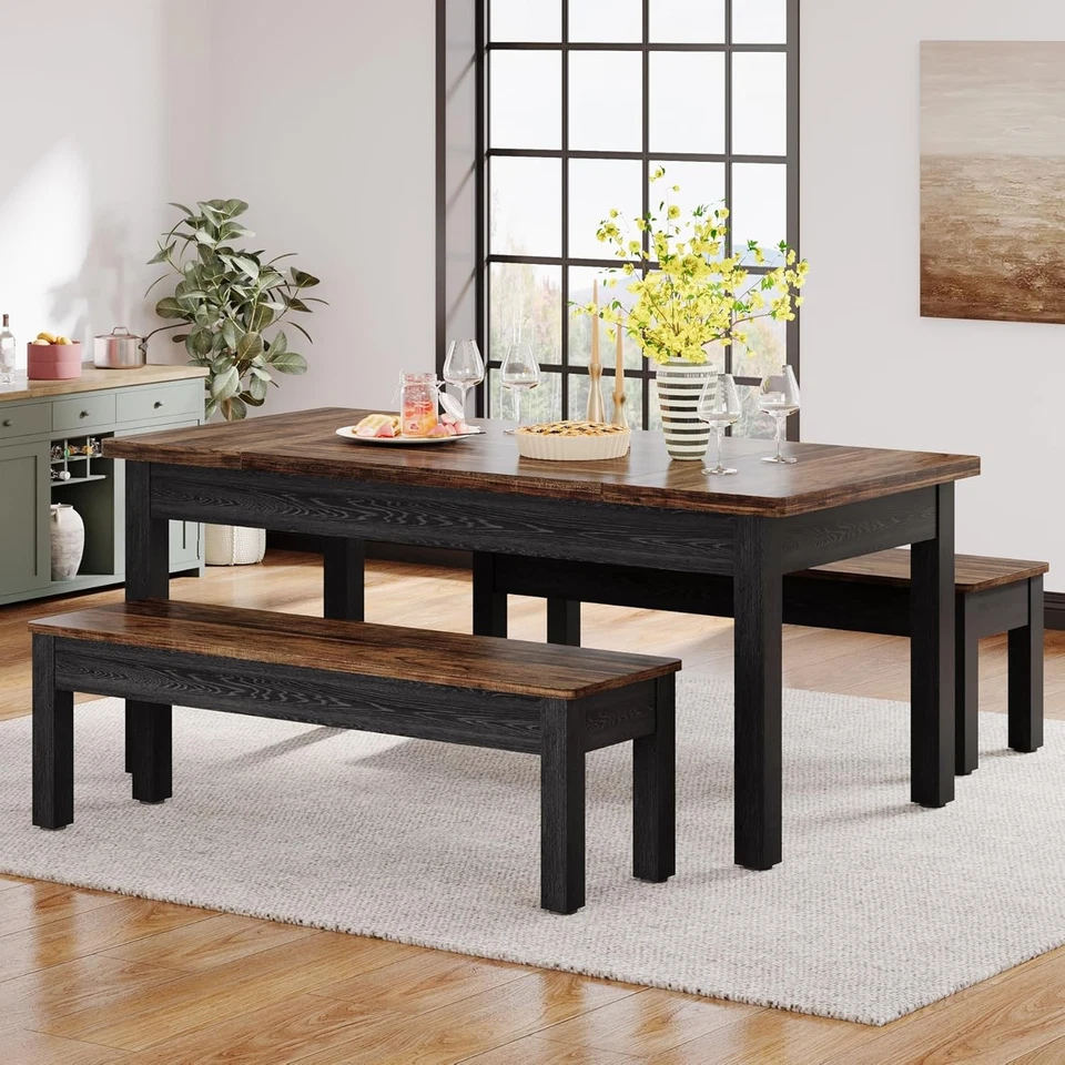 Juego de mesa de comedor de granja para mesa de cocina de 4-6, 55 pulgadas con 2 bancos, negro Foto 1 de 4