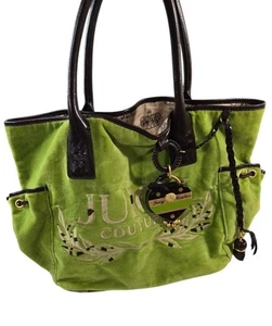 Y2K Juicy Couture grüne Samttasche mit braunen Ledergriffen & Goldakzent - Bild 1 von 13