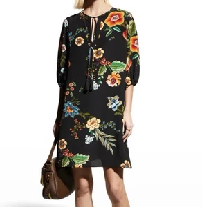 Johnny Was Jade Zorya 100% Silk XS Dress Black Floral Tie Neck Puff Sleeve Boho - Picture 1 of 4