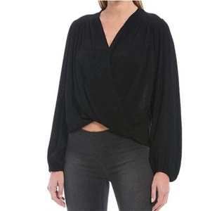 Free People Check On It drapiertes Wickeltop Hi-Low Langarm Viskose schwarz Gr. M - Bild 1 von 6