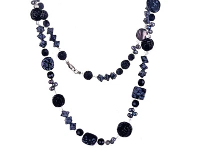 Vintage Moderni Argento Sterling Fiocco di Neve Ossidiana Onice Nera Perla - Immagine 1 di 4