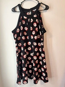 ELLE Women’s Salsa Floral A-Line Dress Black W/Red White Flowers Size 16 - Picture 1 of 4
