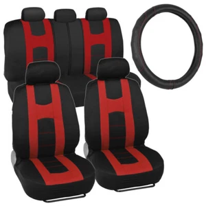 Juego de 10 piezas de funda de asiento de coche deportivo Rome y cubierta de volante de cuero sintético rojo - Imagen 1 de 12