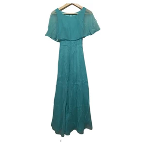 Vintage 70s Chiffon Maxi Dress Capelet Small Blue Prairie - Picture 1 of 7