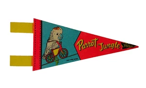 Raro pennant vintage pappagallo giungla Florida, rosa cavalca la bici 8,5x4" - Foto 1 di 2
