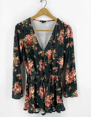 Be Bop Romper Size Large Green Pink Floral Bell Sleeve Velour V Neck One Piece — 第 1/4 张图片