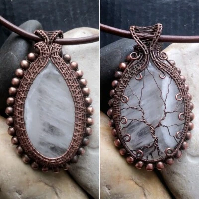 Collar 2 en 1 árbol de la vida de cuarzo rosa envuelto en alambre único hecho a mano Foto 1 de 4