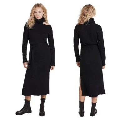Vestido midi suéter Paige negro tejido mezcla de lana suave recorte hombro frío pequeño Foto 1 de 4