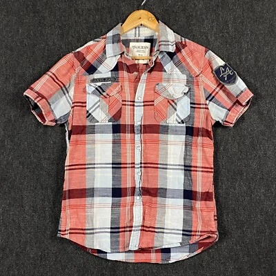 Guess Mens Medium Short Sleeve Pearl Snap Shirt Red Blue Madras Plaid Slim Fit - image 1 of 4
