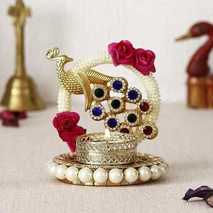 Portacandele portacandele decorativo floreale pavone in metallo per Diwali, Navratri, - Foto 1 di 4