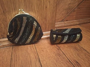 Vollständig perlenbesetzte kleine schwarze, goldene, silberne Geldbörse & Lippenstift Etui mit Spiegel - Bild 1 von 10