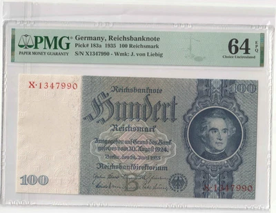 ALEMANIA, BILLETE DEL IMPERIO 100 MARCOS ALEMANES 1935 P-183a Ros#176a PMG 64EPQ Ch. UNC Foto 1 de 2