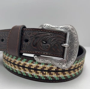 NOCONA Belt Tooled Leather Beaded Western Men's 44 Engraved Silver Buckle NWT - Picture 1 of 14