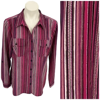 Studio Works Top Women Large Pink Stripe Shirt Button Up Work Pockets Tab Sleeve - Изображение 1 из 4