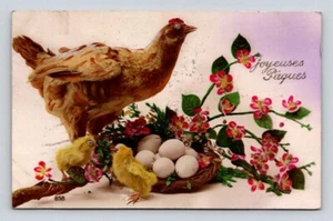 RPPC Happy Easter Joyeuses Pâques Rhode Island Red Hen & Chicks Postcard 1926 - Picture 1 of 2