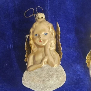 West Germany Gold Cherub Engel Glas mundgeblasen Weihnachtsschmuck Vintage Papier Flügel - Bild 1 von 14