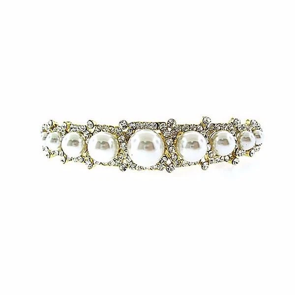 Pearl and Crystal Hair Barrette on Gold, Bridal / Prom - Image 1 of 2