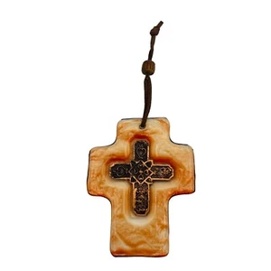 Recycled Brown Glass Copper Metal Cross 5” Sun Catcher Wall Hanging Ornament - Picture 1 of 8