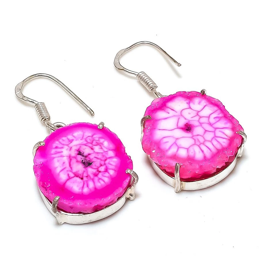 Pink Solar Quartz Druzy Gemstone Silver Plated Dangle Earrings Jewelry 2" - Image 1 of 1