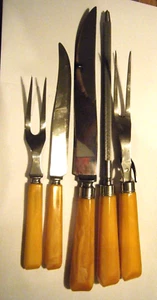 Vintage 40s Large Butterscotch Bakelite Handle Royal Brand Cutlery Carving Set - Picture 1 of 6