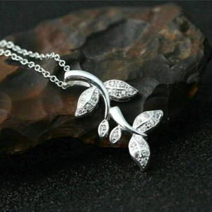 0.60 Ct Round Cut Simulated Diamond Leaf Pendant Necklace 14k White Gold Plated - Picture 1 of 5