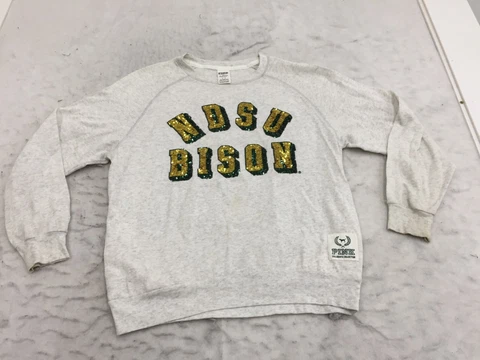 NDSU Bison Sweatshirt Womens S Small White Sequin Spell Out Letters Crew Neck Cover