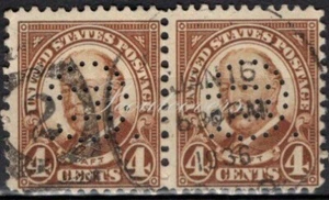 Perfins USA 1930, Sc685 2x 4c Taft. Used GE - Picture 1 of 3