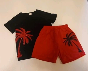 Girls 2 Pc NWOT Casual T-shirt & Shorts Set Pink/Blk Palm Tree Beach SZ 7-8 yr - Picture 1 of 11