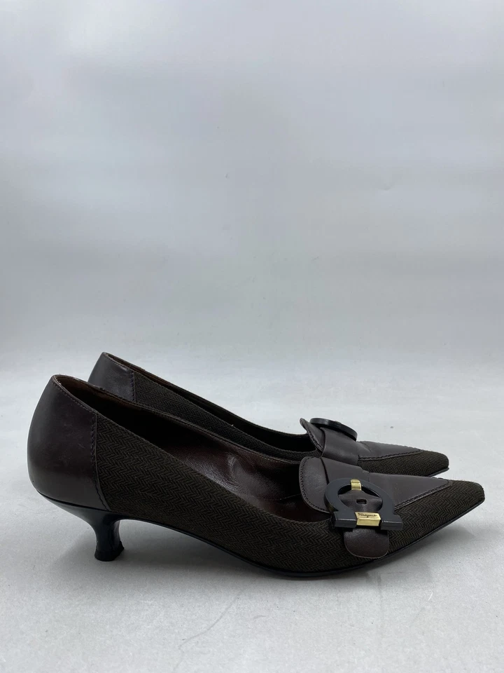 Salvatore Ferragamo Herringbone Brown Leather Heel W 6.5 - Image 1 of 4