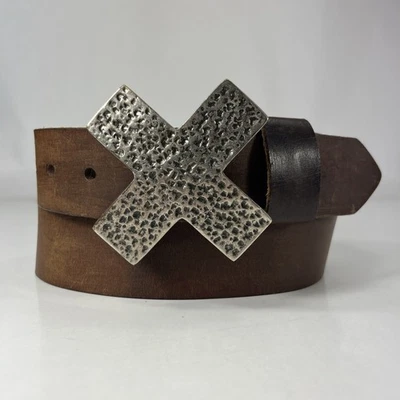 Wide Brown Leather Belt - X Buckle - Women's Size 32 - Image 1 of 4