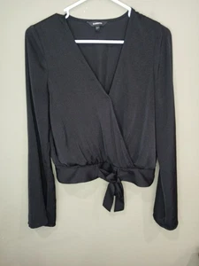 Express Extra Small Black V Neck Tie Long Sleeve Shirt Sexy Classic - Picture 1 of 10